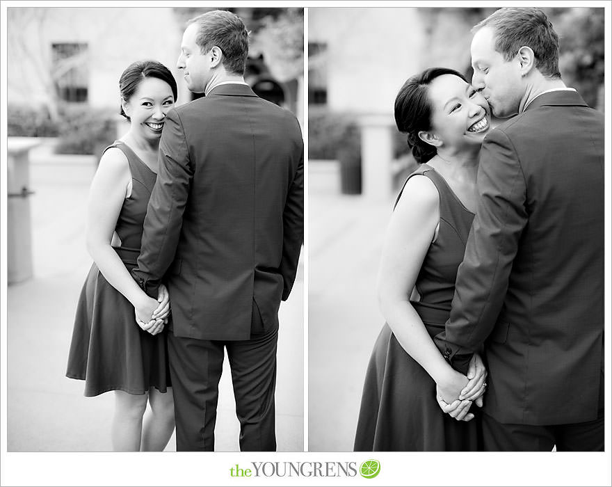 Balboa Park engagement session, Old Globe Theater engagement session, San Diego engagement session, Museum of Man engagement session, blue dress engagement session, grey suit engagement session, rose garden engagement session