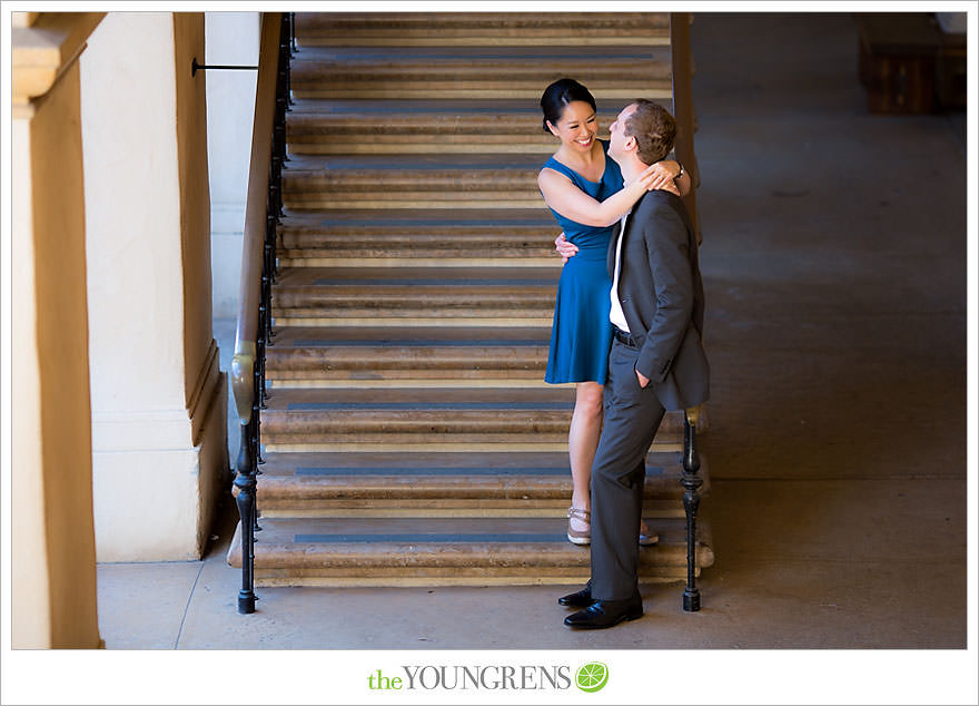 Balboa Park engagement session, Old Globe Theater engagement session, San Diego engagement session, Museum of Man engagement session, blue dress engagement session, grey suit engagement session, rose garden engagement session