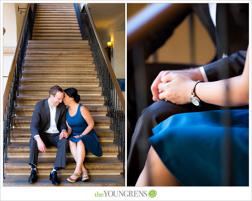 Balboa Park engagement session, Old Globe Theater engagement session, San Diego engagement session, Museum of Man engagement session, blue dress engagement session, grey suit engagement session, rose garden engagement session