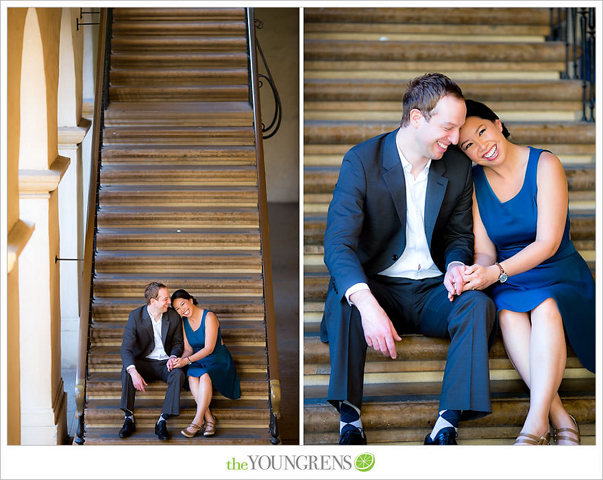 Balboa Park engagement session, Old Globe Theater engagement session, San Diego engagement session, Museum of Man engagement session, blue dress engagement session, grey suit engagement session, rose garden engagement session