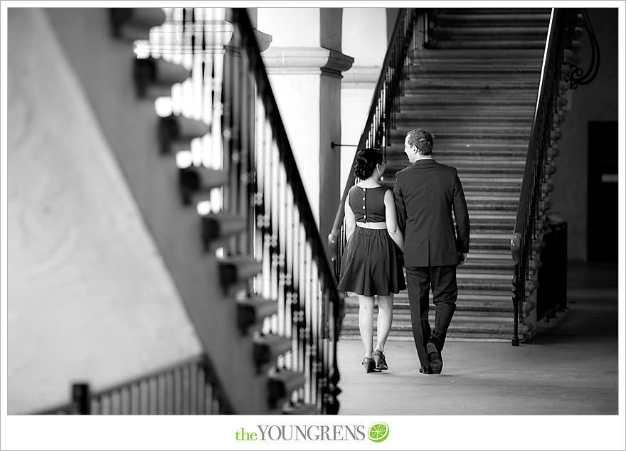 Balboa Park engagement session, Old Globe Theater engagement session, San Diego engagement session, Museum of Man engagement session, blue dress engagement session, grey suit engagement session, rose garden engagement session