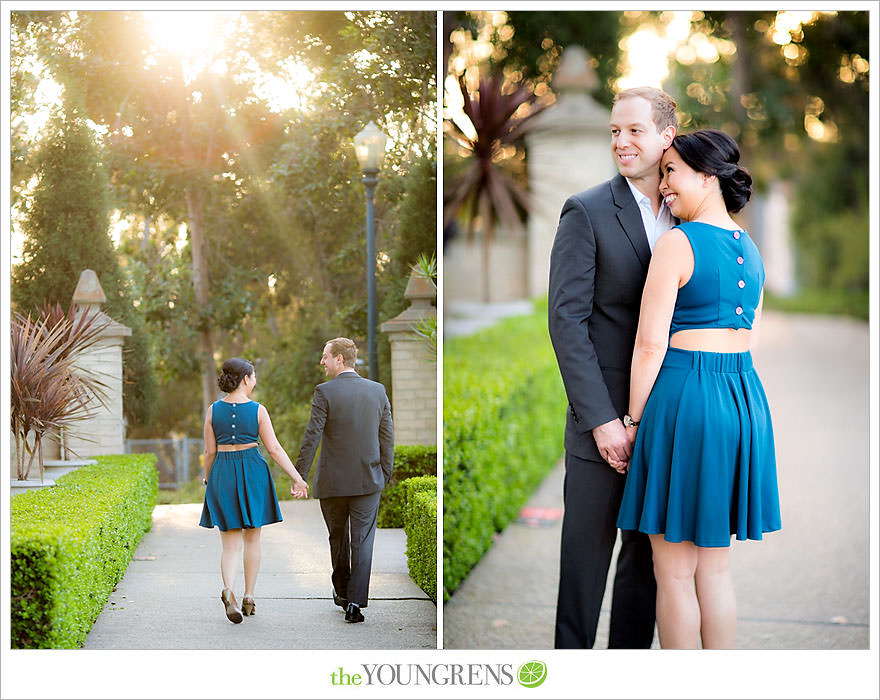 Balboa Park engagement session, Old Globe Theater engagement session, San Diego engagement session, Museum of Man engagement session, blue dress engagement session, grey suit engagement session, rose garden engagement session