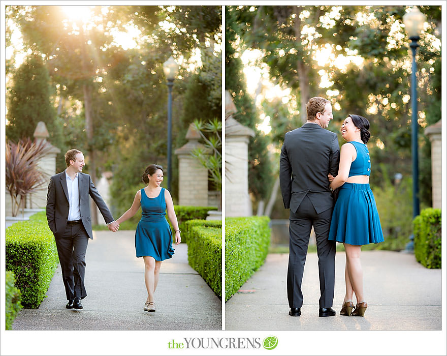 Balboa Park engagement session, Old Globe Theater engagement session, San Diego engagement session, Museum of Man engagement session, blue dress engagement session, grey suit engagement session, rose garden engagement session