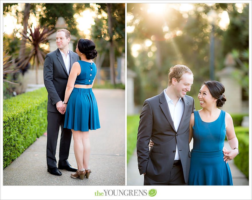 Balboa Park engagement session, Old Globe Theater engagement session, San Diego engagement session, Museum of Man engagement session, blue dress engagement session, grey suit engagement session, rose garden engagement session