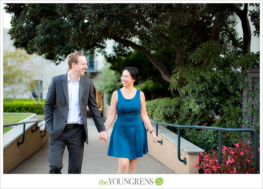 Balboa Park engagement session, Old Globe Theater engagement session, San Diego engagement session, Museum of Man engagement session, blue dress engagement session, grey suit engagement session, rose garden engagement session