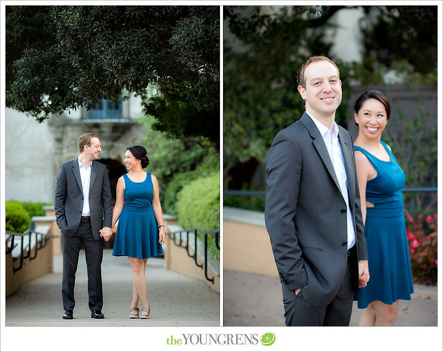 Balboa Park engagement session, Old Globe Theater engagement session, San Diego engagement session, Museum of Man engagement session, blue dress engagement session, grey suit engagement session, rose garden engagement session