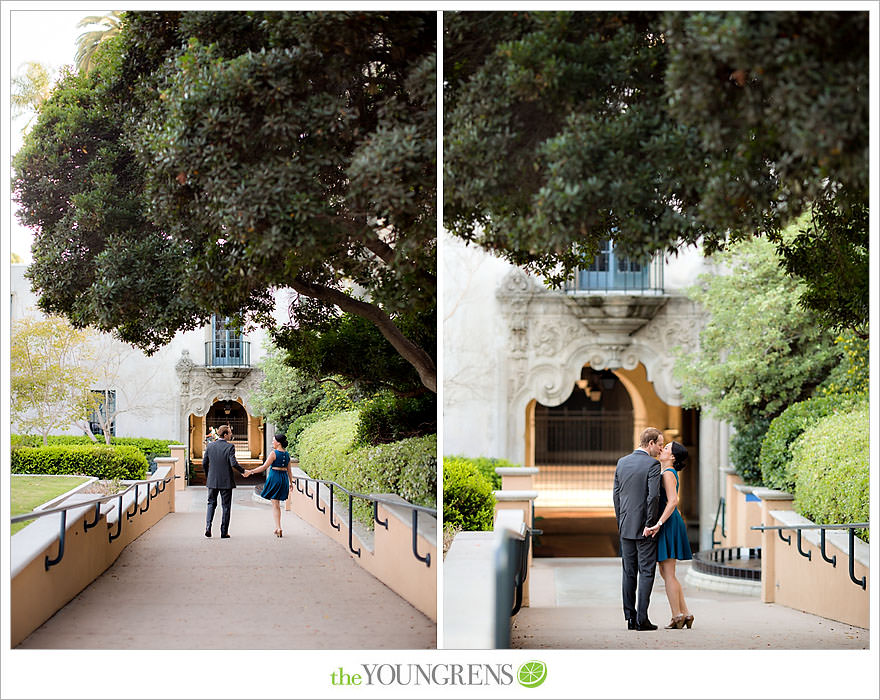 Balboa Park engagement session, Old Globe Theater engagement session, San Diego engagement session, Museum of Man engagement session, blue dress engagement session, grey suit engagement session, rose garden engagement session