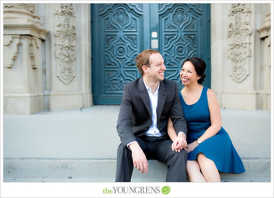 Balboa Park engagement session, Old Globe Theater engagement session, San Diego engagement session, Museum of Man engagement session, blue dress engagement session, grey suit engagement session, rose garden engagement session