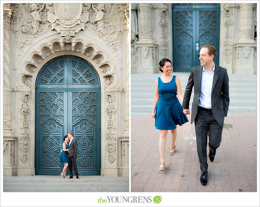 Balboa Park engagement session, Old Globe Theater engagement session, San Diego engagement session, Museum of Man engagement session, blue dress engagement session, grey suit engagement session, rose garden engagement session