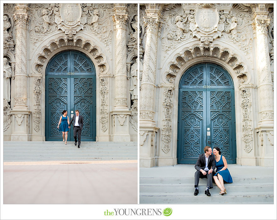 Balboa Park engagement session, Old Globe Theater engagement session, San Diego engagement session, Museum of Man engagement session, blue dress engagement session, grey suit engagement session, rose garden engagement session