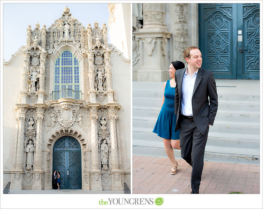 Balboa Park engagement session, Old Globe Theater engagement session, San Diego engagement session, Museum of Man engagement session, blue dress engagement session, grey suit engagement session, rose garden engagement session