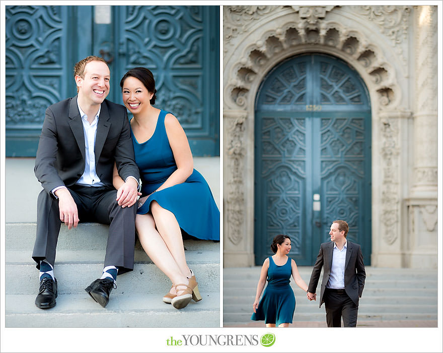 Balboa Park engagement session, Old Globe Theater engagement session, San Diego engagement session, Museum of Man engagement session, blue dress engagement session, grey suit engagement session, rose garden engagement session