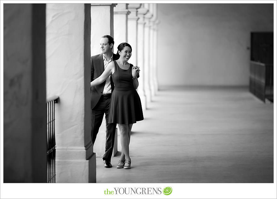 Balboa Park engagement session, Old Globe Theater engagement session, San Diego engagement session, Museum of Man engagement session, blue dress engagement session, grey suit engagement session, rose garden engagement session