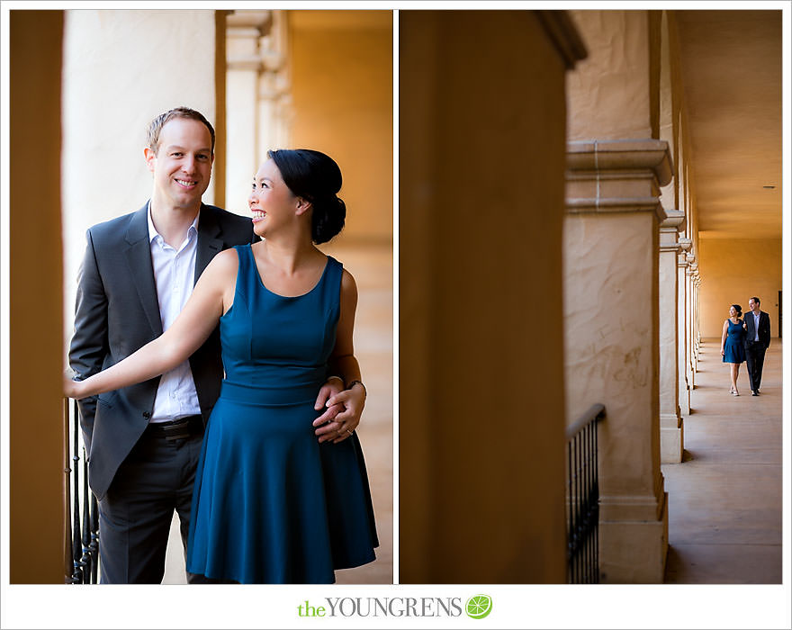 Balboa Park engagement session, Old Globe Theater engagement session, San Diego engagement session, Museum of Man engagement session, blue dress engagement session, grey suit engagement session, rose garden engagement session