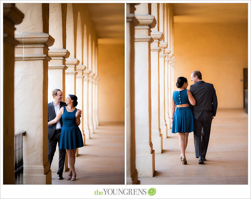 Balboa Park engagement session, Old Globe Theater engagement session, San Diego engagement session, Museum of Man engagement session, blue dress engagement session, grey suit engagement session, rose garden engagement session