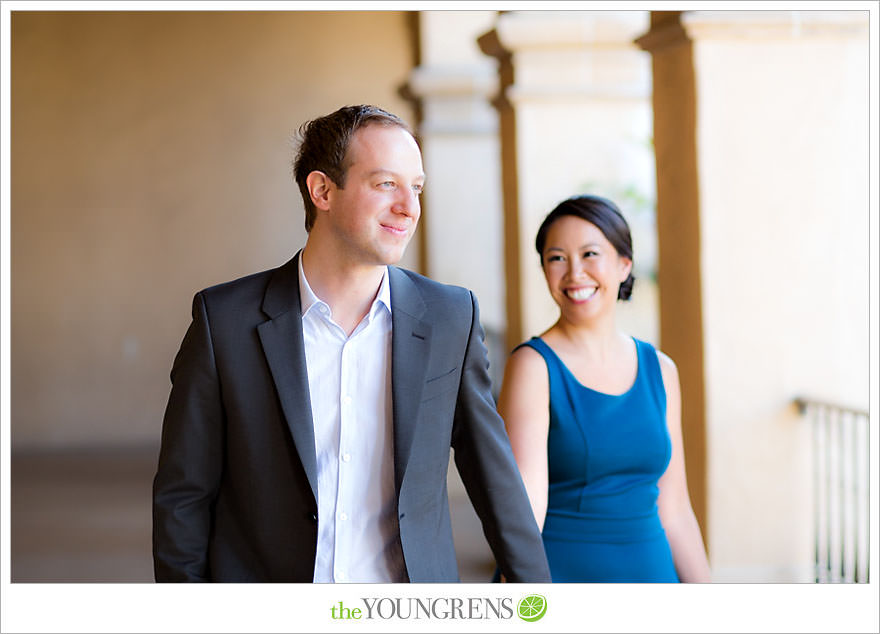 Balboa Park engagement session, Old Globe Theater engagement session, San Diego engagement session, Museum of Man engagement session, blue dress engagement session, grey suit engagement session, rose garden engagement session