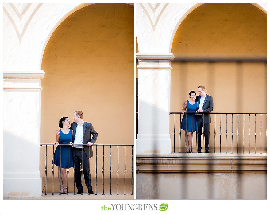 Balboa Park engagement session, Old Globe Theater engagement session, San Diego engagement session, Museum of Man engagement session, blue dress engagement session, grey suit engagement session, rose garden engagement session