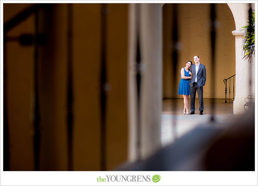 Balboa Park engagement session, Old Globe Theater engagement session, San Diego engagement session, Museum of Man engagement session, blue dress engagement session, grey suit engagement session, rose garden engagement session