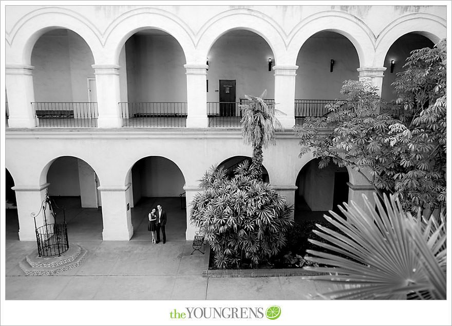 Balboa Park engagement session, Old Globe Theater engagement session, San Diego engagement session, Museum of Man engagement session, blue dress engagement session, grey suit engagement session, rose garden engagement session