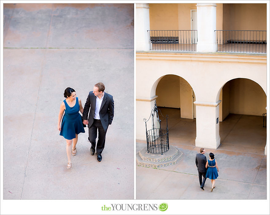 Balboa Park engagement session, Old Globe Theater engagement session, San Diego engagement session, Museum of Man engagement session, blue dress engagement session, grey suit engagement session, rose garden engagement session