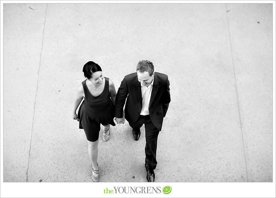 Balboa Park engagement session, Old Globe Theater engagement session, San Diego engagement session, Museum of Man engagement session, blue dress engagement session, grey suit engagement session, rose garden engagement session