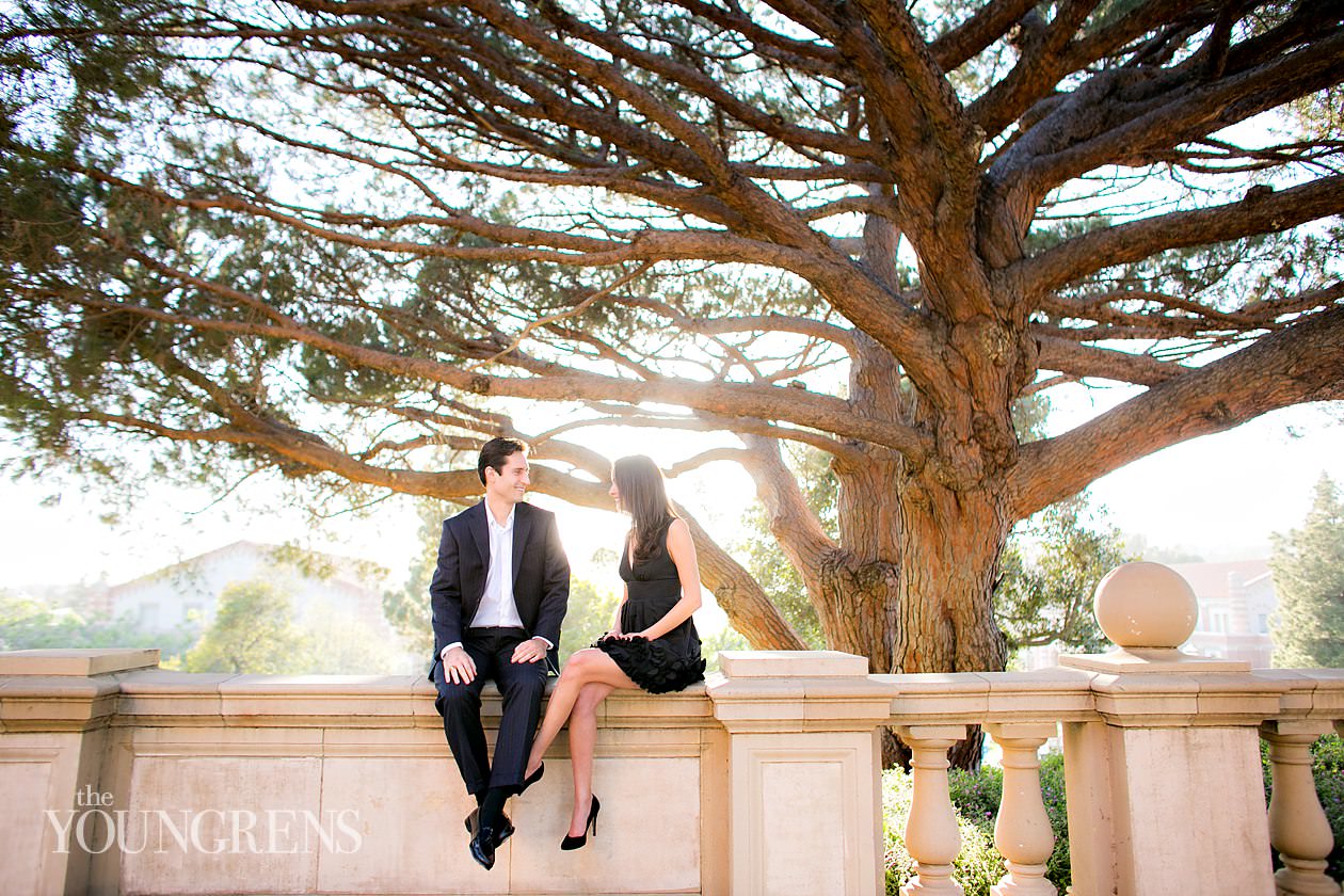 UCLA engagement session, LA engagement, Westwood engagement, college engagement, UC engagement, University engagement, college campus engagement, black dress engagement, Southern California engagement, formal engagement session