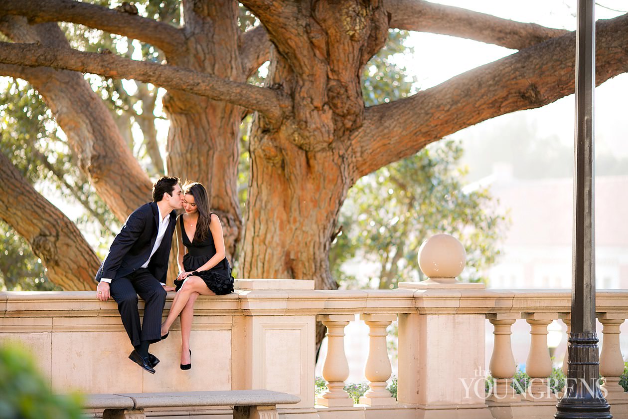 UCLA engagement session, LA engagement, Westwood engagement, college engagement, UC engagement, University engagement, college campus engagement, black dress engagement, Southern California engagement, formal engagement session