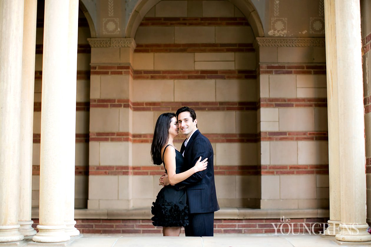 UCLA engagement session, LA engagement, Westwood engagement, college engagement, UC engagement, University engagement, college campus engagement, black dress engagement, Southern California engagement, formal engagement session