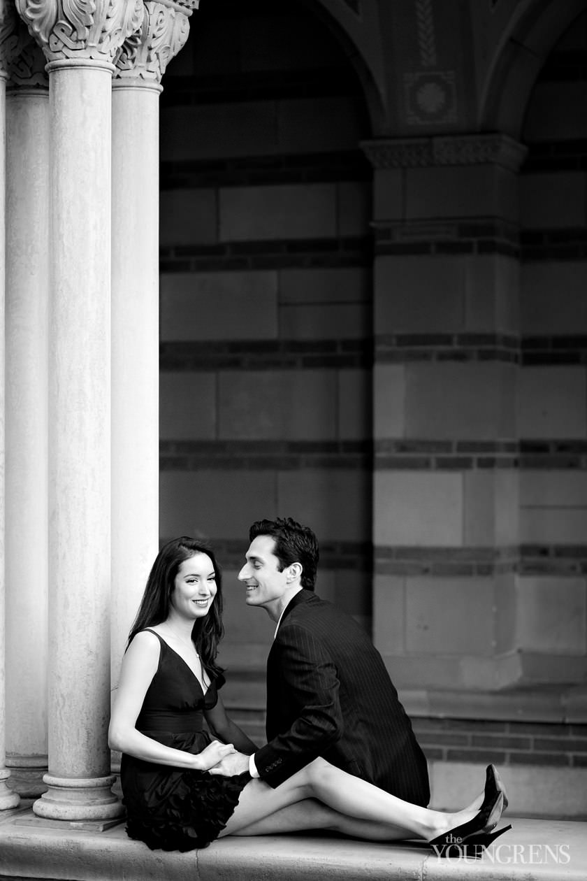 UCLA engagement session, LA engagement, Westwood engagement, college engagement, UC engagement, University engagement, college campus engagement, black dress engagement, Southern California engagement, formal engagement session