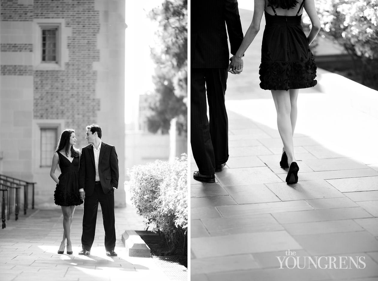 UCLA engagement session, LA engagement, Westwood engagement, college engagement, UC engagement, University engagement, college campus engagement, black dress engagement, Southern California engagement, formal engagement session