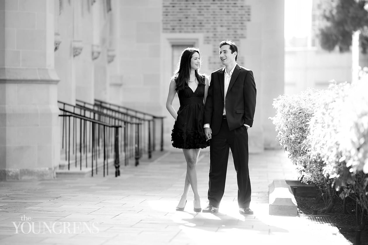 UCLA engagement session, LA engagement, Westwood engagement, college engagement, UC engagement, University engagement, college campus engagement, black dress engagement, Southern California engagement, formal engagement session