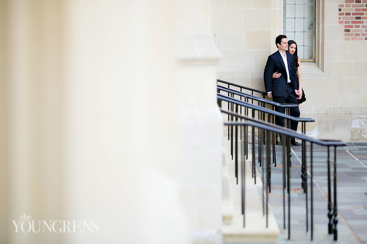 UCLA engagement session, LA engagement, Westwood engagement, college engagement, UC engagement, University engagement, college campus engagement, black dress engagement, Southern California engagement, formal engagement session